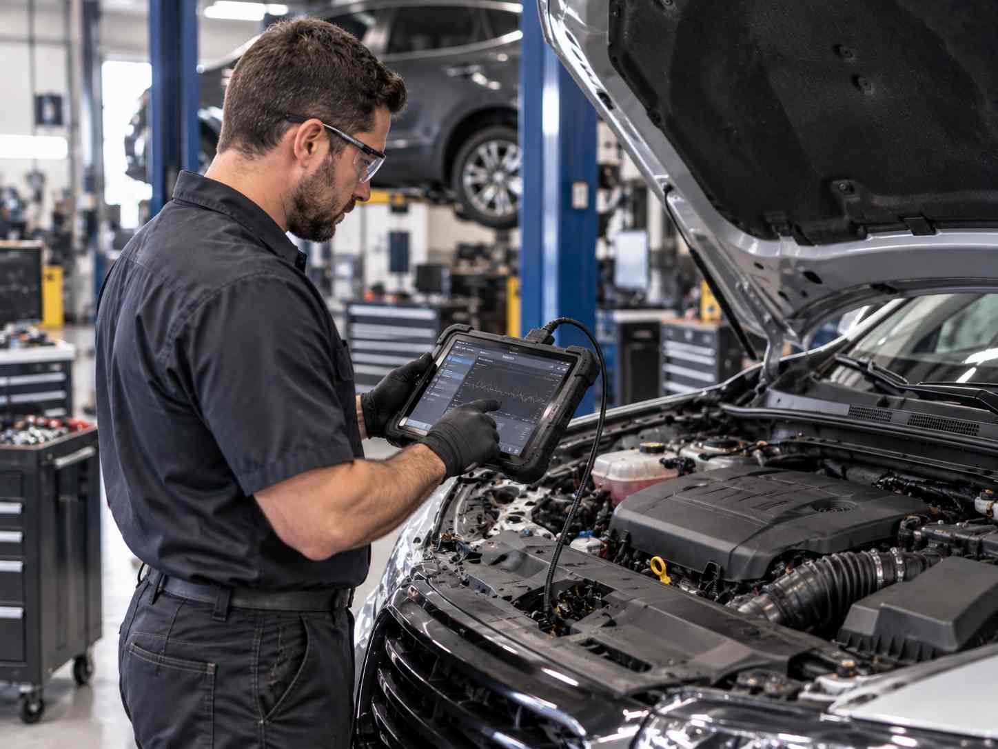 B Tech Auto Diesel mechanic repairing an automotive transmission in a professional Houston, TX repair shop.