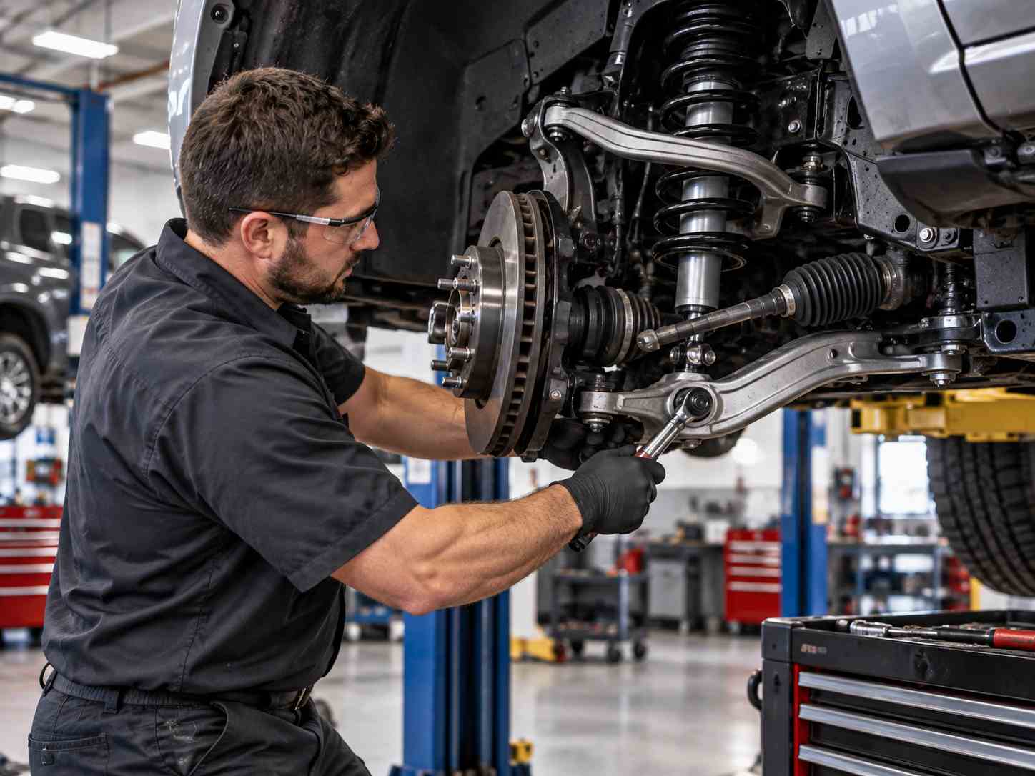 B Tech Auto Diesel mechanic performing steering and suspension repair on a vehicle in Houston, TX.