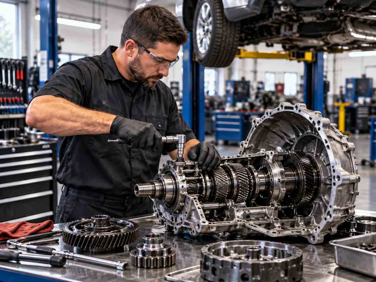 B Tech Auto Diesel mechanic inspecting and repairing heavy-duty trailer suspension in Houston, TX.